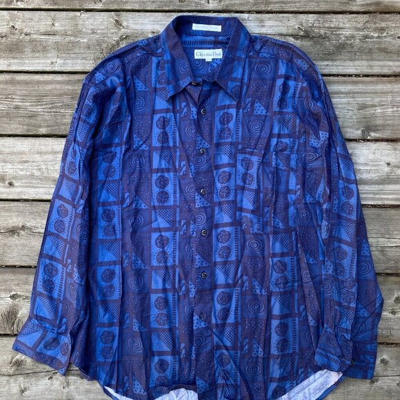 Vintage 1997 Christian Dior Circle Pattern Button Up Dress Shirt XL Blue - Picture 4 of 8